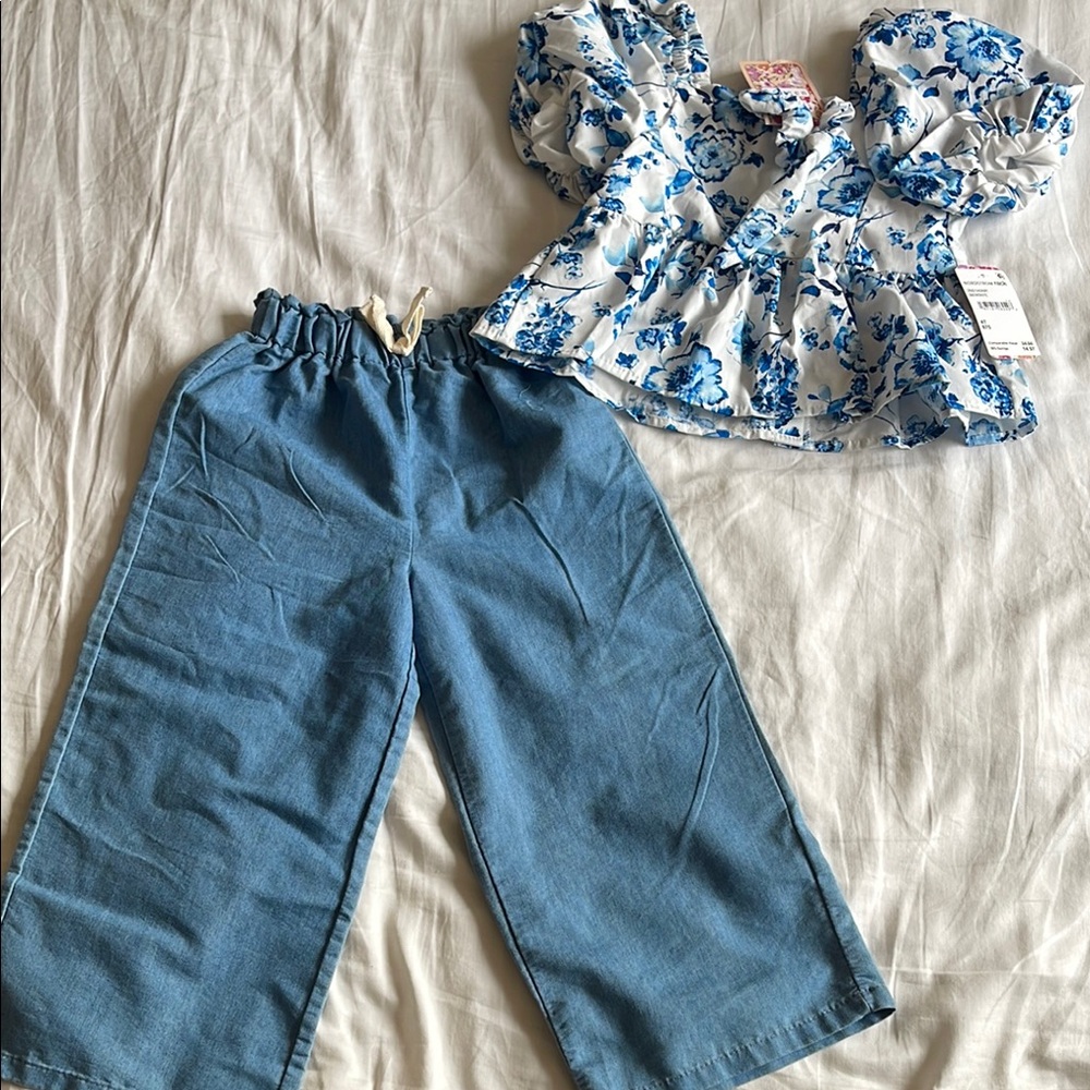Floral Blue and White Top with Blue Pants